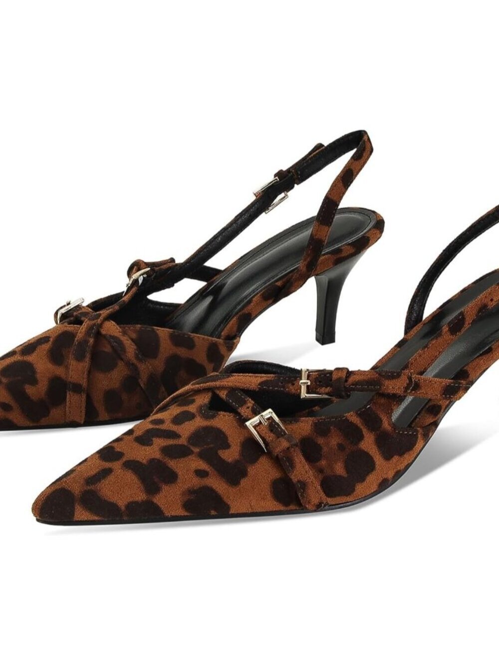 Women's Suede-leopard Slingback Pointed Toe Stiletto Heels Shoes Buckled Straps